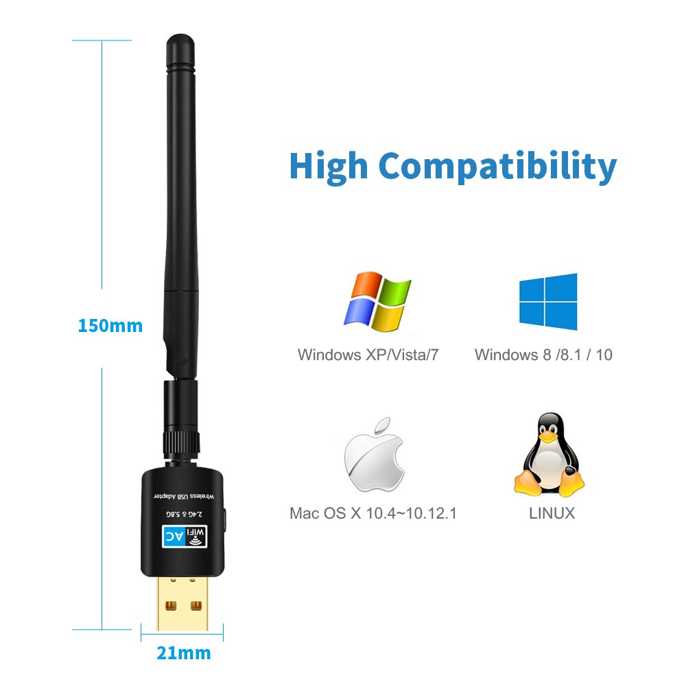 TEROW 600Mbps adattatore/ricevitore WiFi USB Dual Band 5.8GHz 2.4GHz USB 2.0 Antenna 2dBi ad alta velocità RTL8811CU per Laptop e Desktop