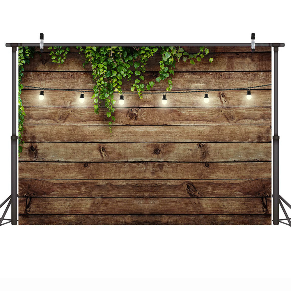 Brown Wooden Floor Photography Backdrop for Lovers Green Leaves Wedding Party Selfie Background Bridal Shower Photo Shoot