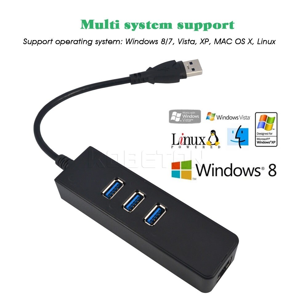 3 Ports USB Hub USB 3.0 To RJ45 Gigabit Ethernet LAN Wired Network Adapter 10/100/1000 Mbps For Windows Mac