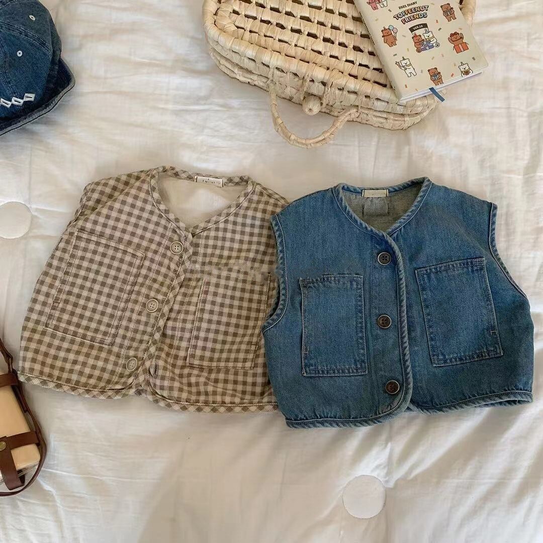 2022 Frühling Baby ärmellos Weste Mantel Junge Mädchen alle Spiel lässig Denim Weste Strickjacke Jacke Kleinkind Kinder Plaid Weste