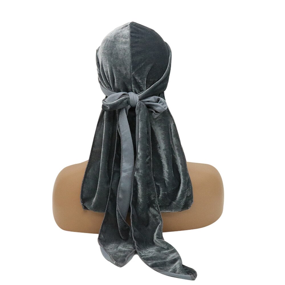 Durag en velours pour hommes et femmes, chapeaux Bandana, solide, enveloppe de tête, extensible, longue queue, chapeaux de Pirate Jordan, Turban Du chiffon: grey
