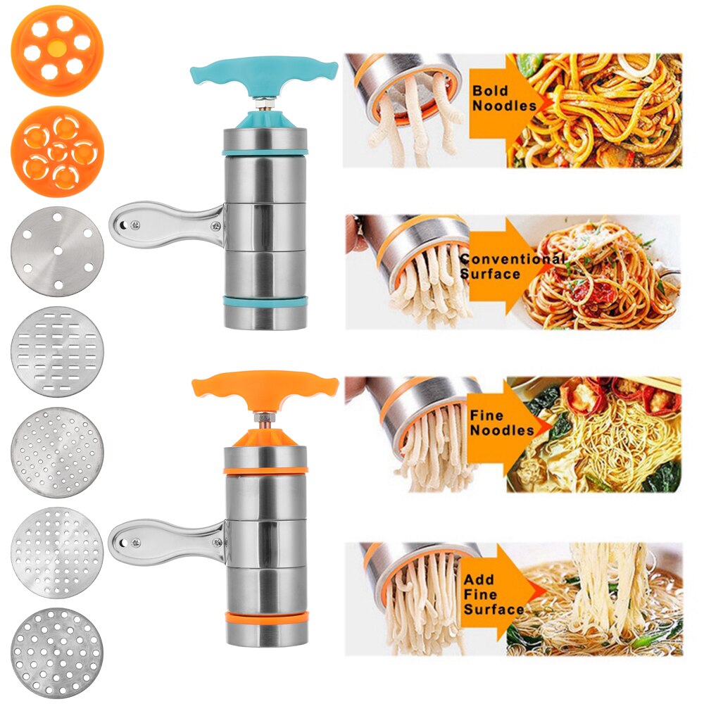 Noodle Pasta Press Maker Machine Hand Cutter,Manual Juicer Cookware with 7 Pressing Moulds -Making Spaghetti Fettuccine Noodle