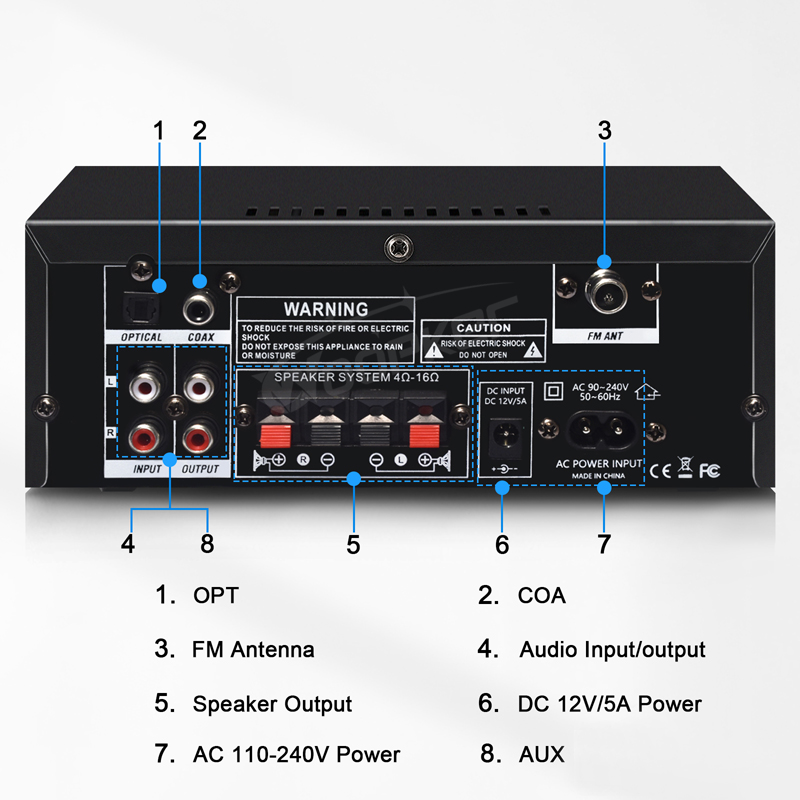 Woopker Wzmacniacz audio AK55 HiFi Stereo Channel2.0 RMS70W*2 Bluetooth 5.3 Obsługa AUX/OPT/RCA Zasilany subwoofer Wzmacniacz mocy