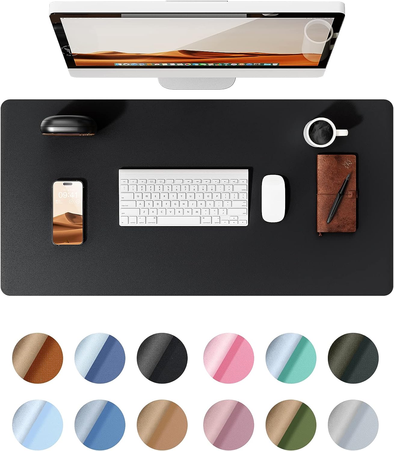 Tapis de bureau, protecteur de tapis de bureau en cuir, grand tapis de souris, buvard de bureau imperméable en cuir PU antidérapant, tapis de bureau pour ordinateur portable: 90x45 cm / Black