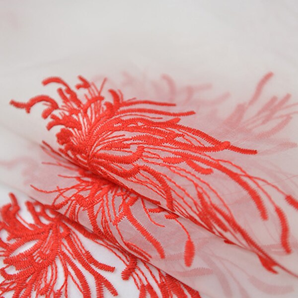 Orange floral embroidery pure silk organza fabric background transparent,SFF199