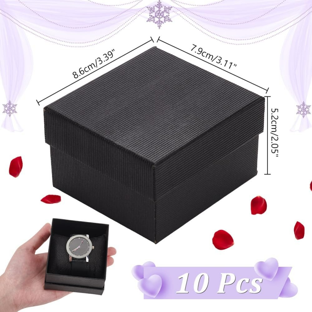 Caja de reloj individual negra de 10 Uds., caja de embalaje de de cartón de 3,4x3x2, soporte para relojes con almohada, soporte para pulsera, almacenamiento cuadrado