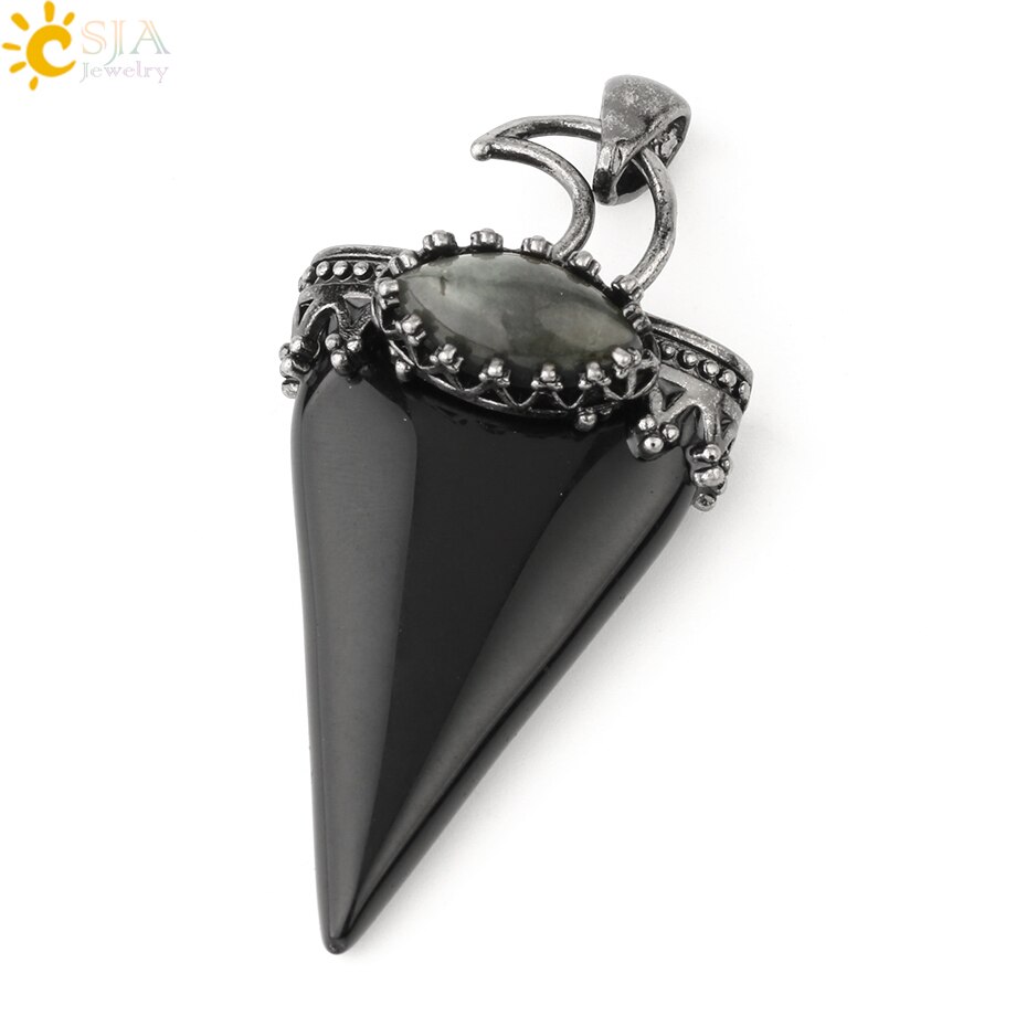 CSJA Natural Stone Triangle Pendant Necklace Antique Silver-color Crown Moon Labradorite Geometric Women Men Trendy Jewelry G324: Black Onyx