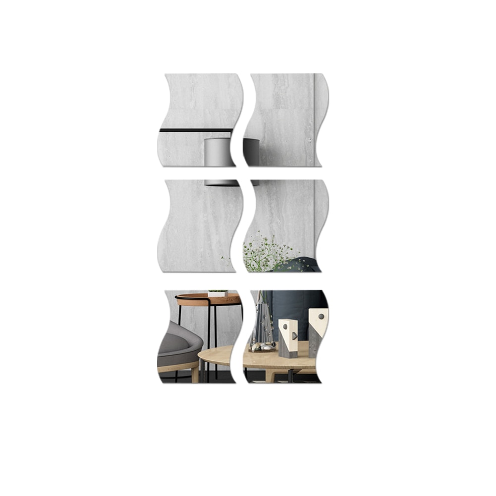 6 pièces 12*10cm bricolage 3D miroir autocollant mural vivant maison moderne auto-adhésif vague carré miroir autocollants décor à la maison: A