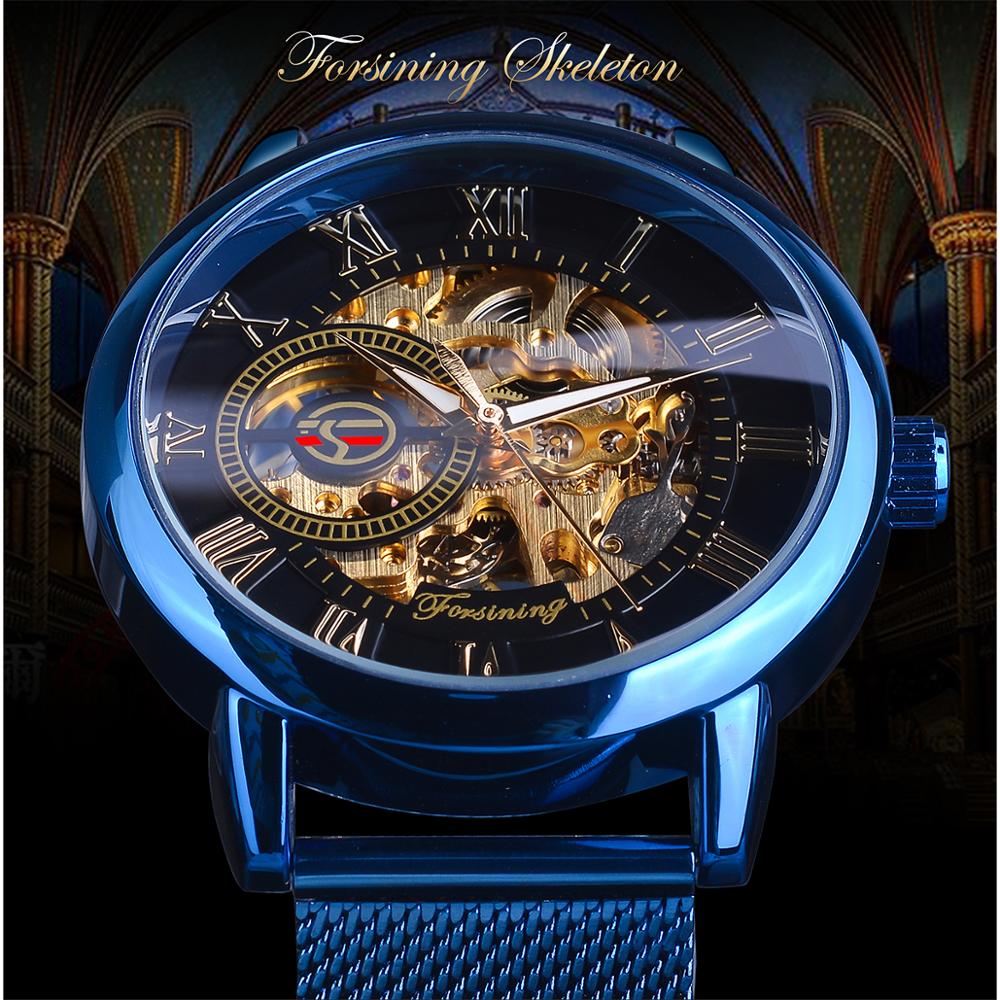 Forsining 3D squelette Royal rétro noir cadran doré montre mécanique bleu maille acier inoxydable bracelet lumineux montre-bracelet