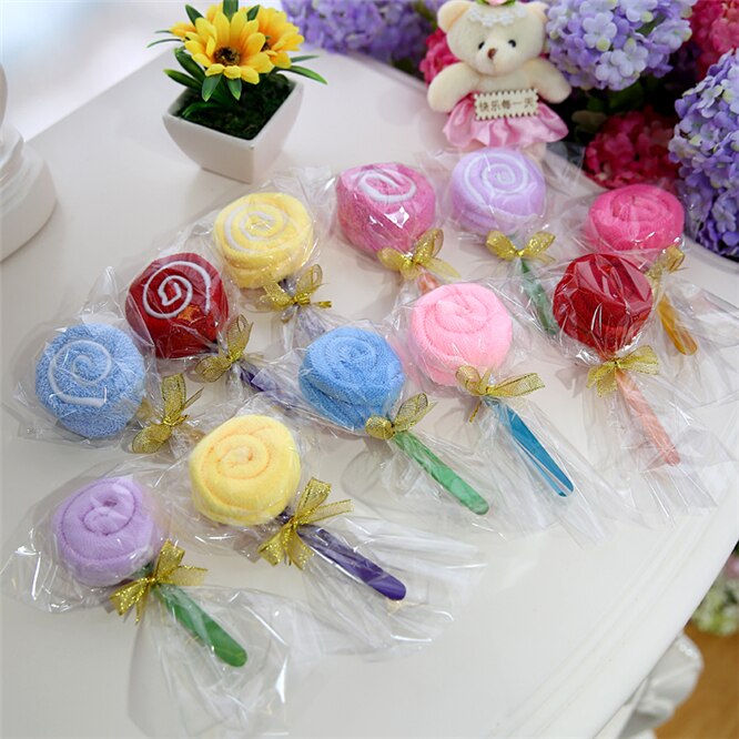 Toalla de algodón para pastel de piruleta, dulces de colores, , toalla encantadora para guardería, de cumpleaños y boda, 20 unids/lote
