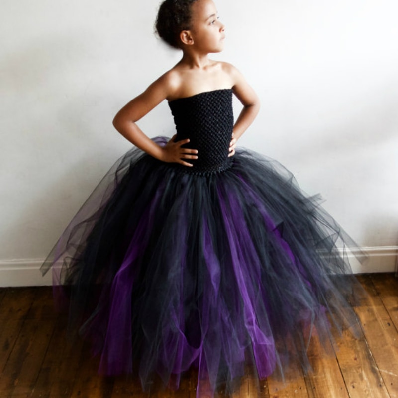 Robe Tutu pour filles, longue tenue de soirée avec Corset Crochet, noir, violet, tenue de bal, longue tenue de fête d'anniversaire, Costume de Banquet