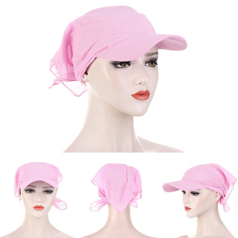 1PC Women Durag Brim Cap Sun Visor with Pre-Tied Turban Caps Head Scarf Hijab Pure Color Muslim Beach Vacation Outdoor