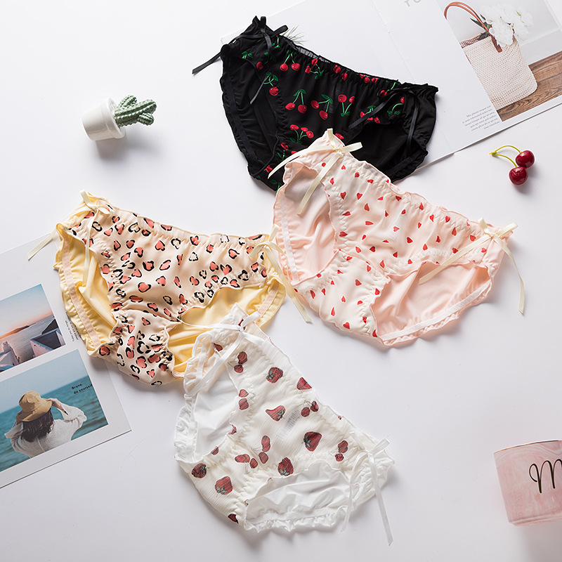 Culotte japonaise en soie glacée, produit, imprimé fraise, grand nœud, Triangle, en mousseline transparente, pour dames