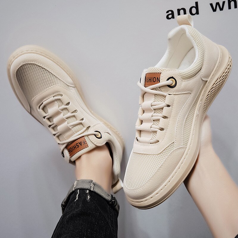 Mænds fritidssko sneakers til mænd lejligheder undersko vandresko britisk stil sko snøre pu gaze mænd sko hvid