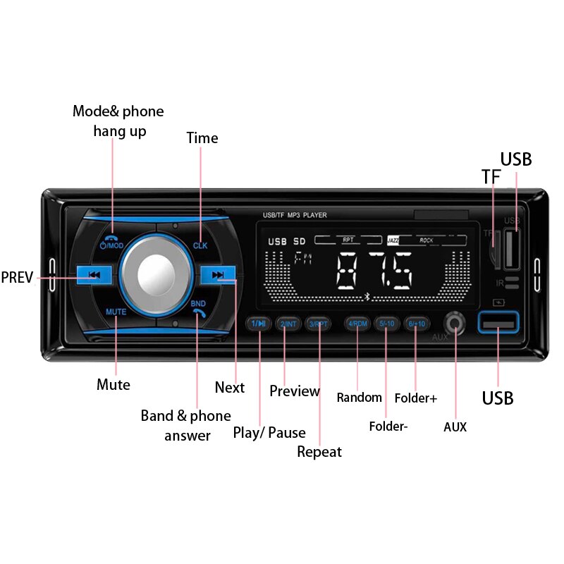 Car Radio MP3 Multimedia Players AUX Input 1 Din With Bluetooth USB FM Stereo Music