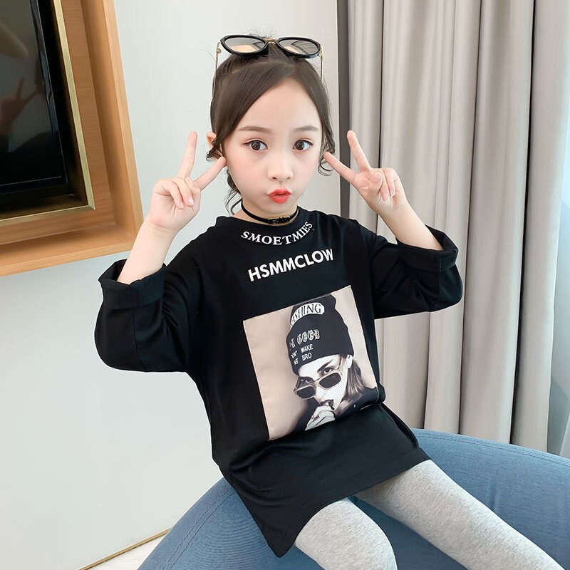 Flickor vår t-shirt långärmad undertröja tjejer fashionabla coola tröjor för flickor svarta toppar t-shirts barnkläder 8 10 12 år: Svart / 5