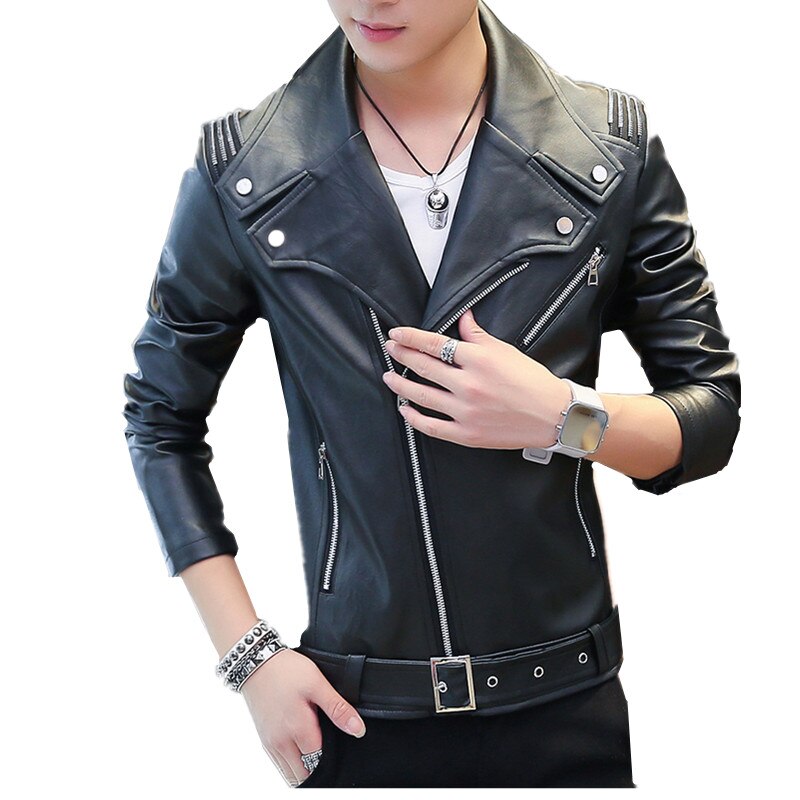 Classic Mens PU Leather Jacket Red White Black Fall Winter Slim Male Faux Leather Motorcycle Coats
