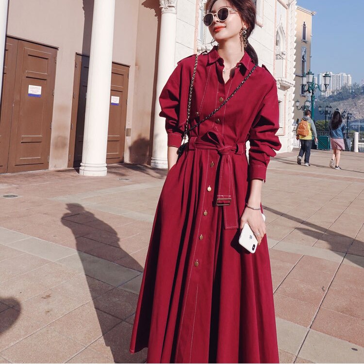 herbst Frauen Lange Kleid Drehen Unten Langarm Frauen lässig max Kleid Mit Gürtel Graben Stil Frauen Kleid Vestidos: Burgund / XL