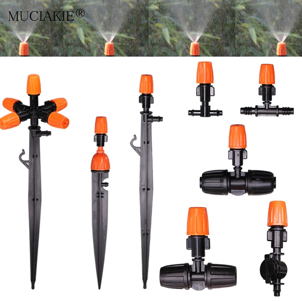 Orange Adjustable Garden Micro Drip Irrigation Misting Nozzles Sprinklers with w/ 1/4'' 3/8'' Hose Barbed Tee Threaded Connector