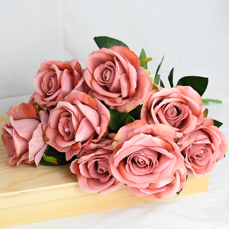 10 stk real touch rose blomster flannel blomster buket enkelt hoved rose kunstige blomster bundt til bryllup dekoration boligindretning