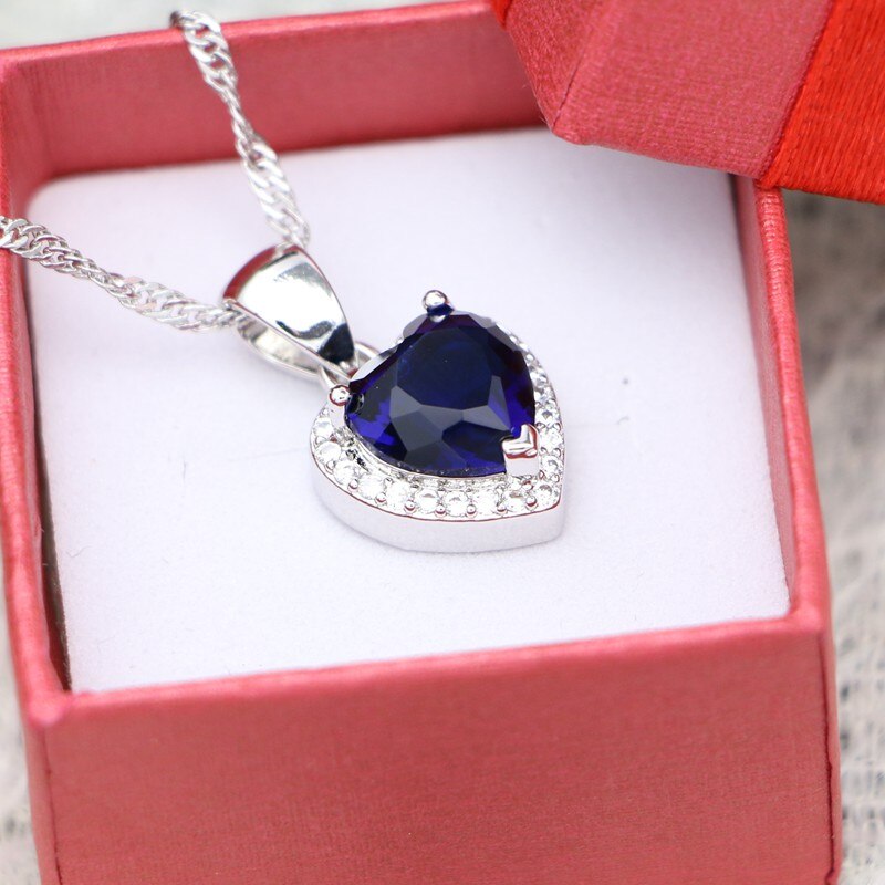 Blauw Hart Zirconia Romantische Hanger Vrouwen Bruiloft 925 Zilveren Ketting