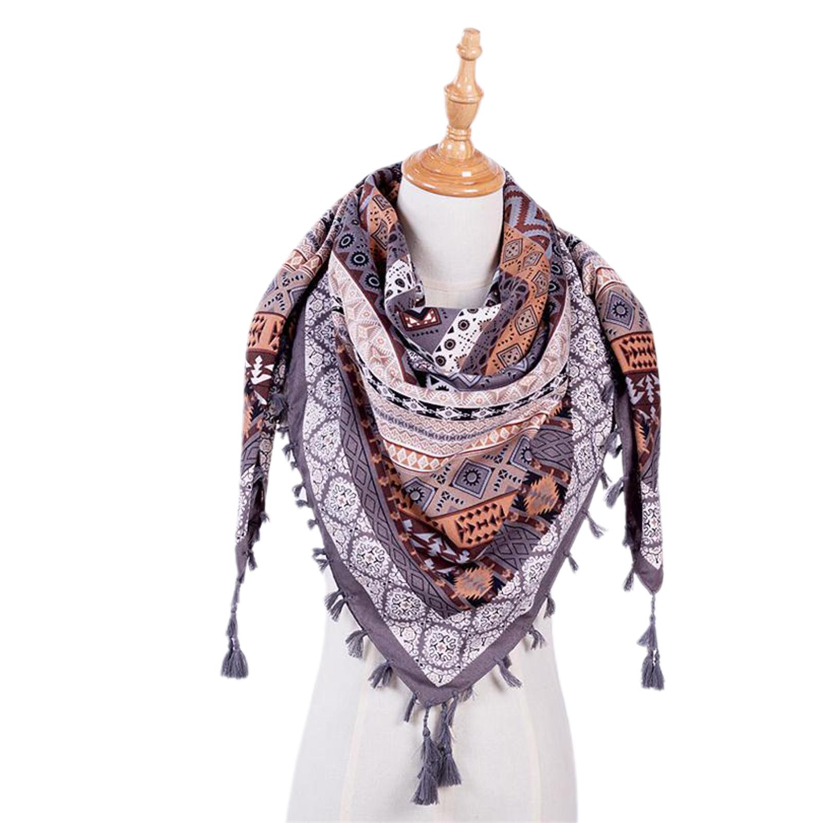 Women Winter Neck Wrap Long Warm Scarf Boho Cotton Ethnic Print Triangle Tassel Shawl neck bandana neck gaiter