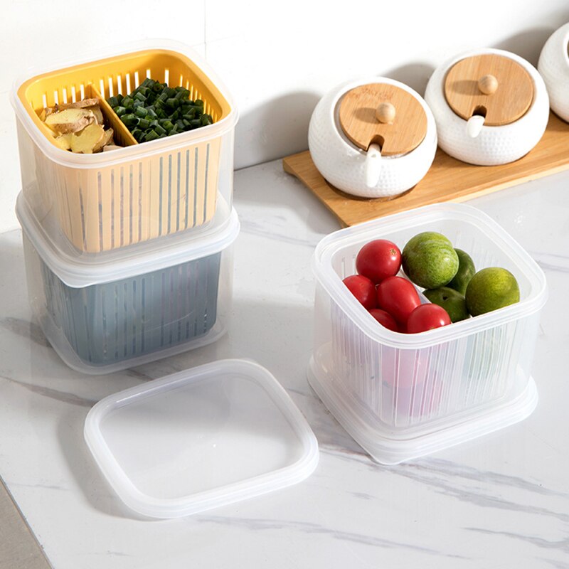 Drain fresh box Refrigerator Fresh-Keeping Box Fruit Vegetable Drain Crisper Kitchen sealed Storage Box Containers With Lid