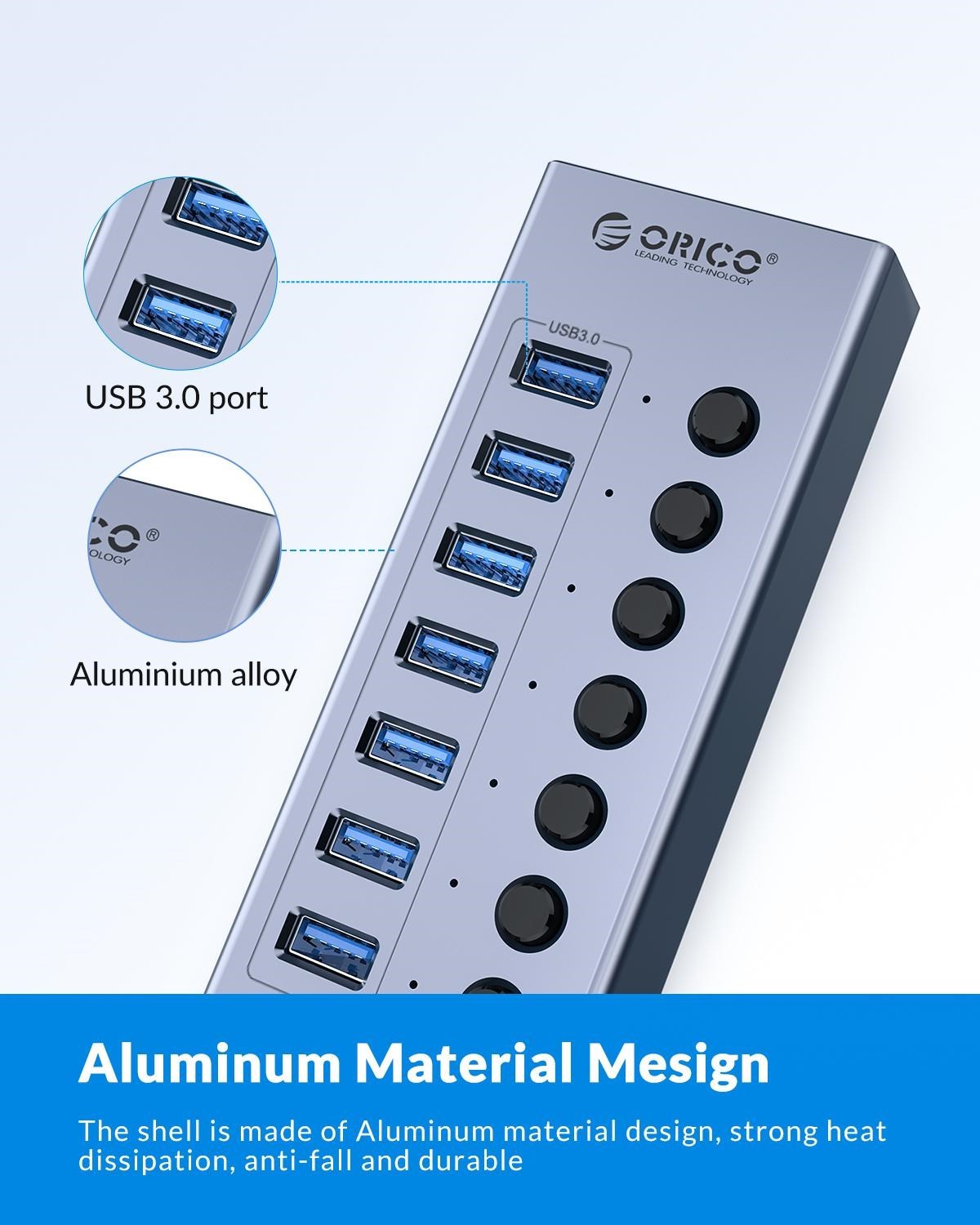 ORICO Aluminiumbetriebener USB3.0-Hub, 7/10 Häfen, USB-Verlängerung mit Schaltern, 12-V-Netzteil, unterstützt BC1.2-Ladesplitter
