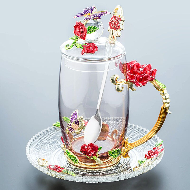 Enamel Water Cup Glass Cup Household Set Flower Tea Crystal Coffee Mug Beer Mug with Handle Wedding Tableware: P