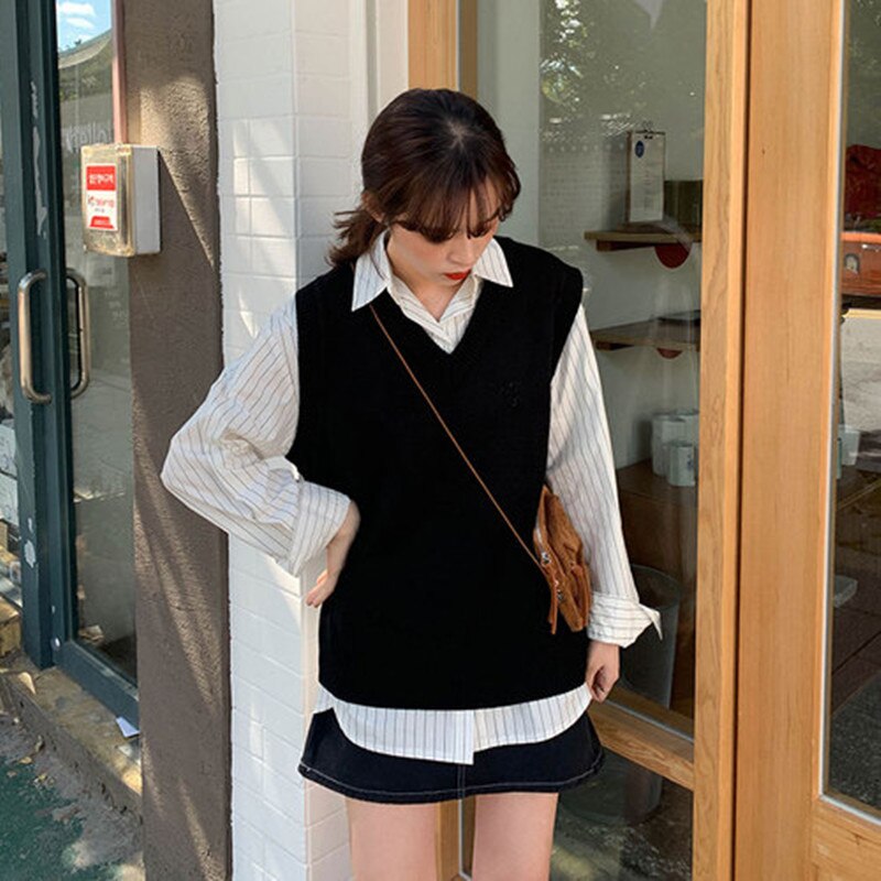 Chaleco de punto holgado sin mangas bordado de estilo colegial japonés, 8 colores , chaleco, suéteres de punto para mujer (X1135)