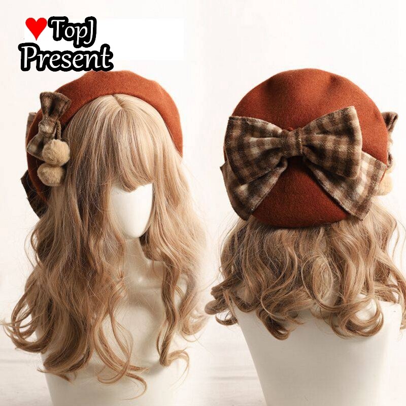 Japanse Kawaii Baret Hoed Lolita Tiener Hart Zoete Wollen Handgemaakte Cute Lace Strik Warme Herfst Winter Schilder Hoed Hoofdtooi: CARAMEL color