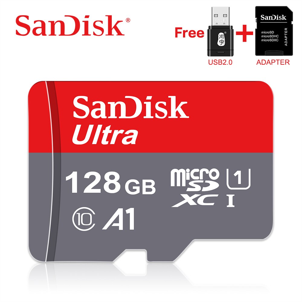 SanDisk-karta microSD TF 100% oryginalna, klasy 10, 16GB 32GB 64GB 128GB max 98Mb/s, karta pamięci, do smartfona i PC: 128GA1 and reader