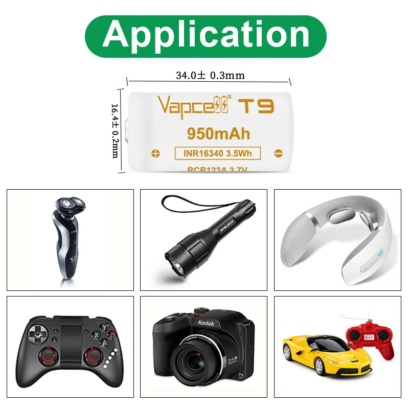 Højkapacitets vapcell  t9 inr 16340 batteri 950 mah 3a 3.7v knap top genopladeligt batteri udskifter rcr 123a celler til lommelygte