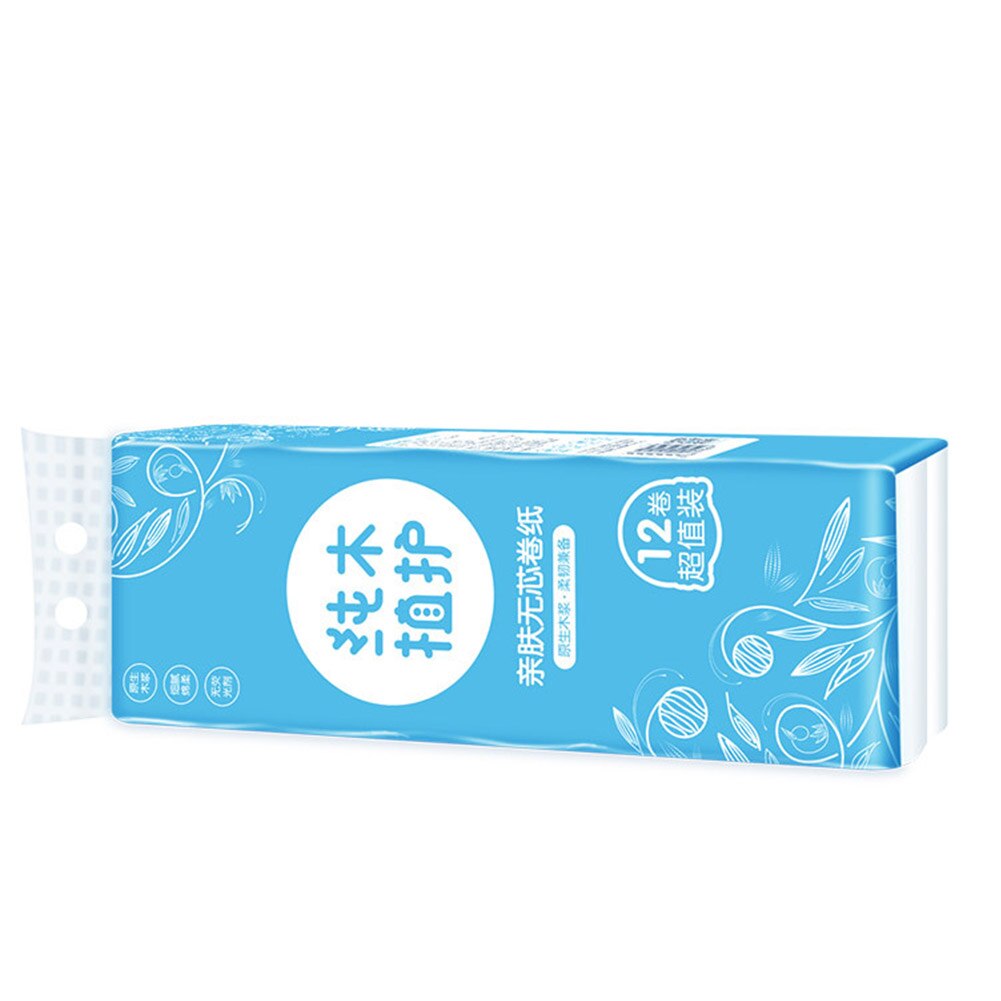 12 Rolls Coreless Roll Paper 4-Layer Thicken Wood Pulp Paper Towel Household Toilet Paper Bathroom Tissue Wetable Nakin Paper