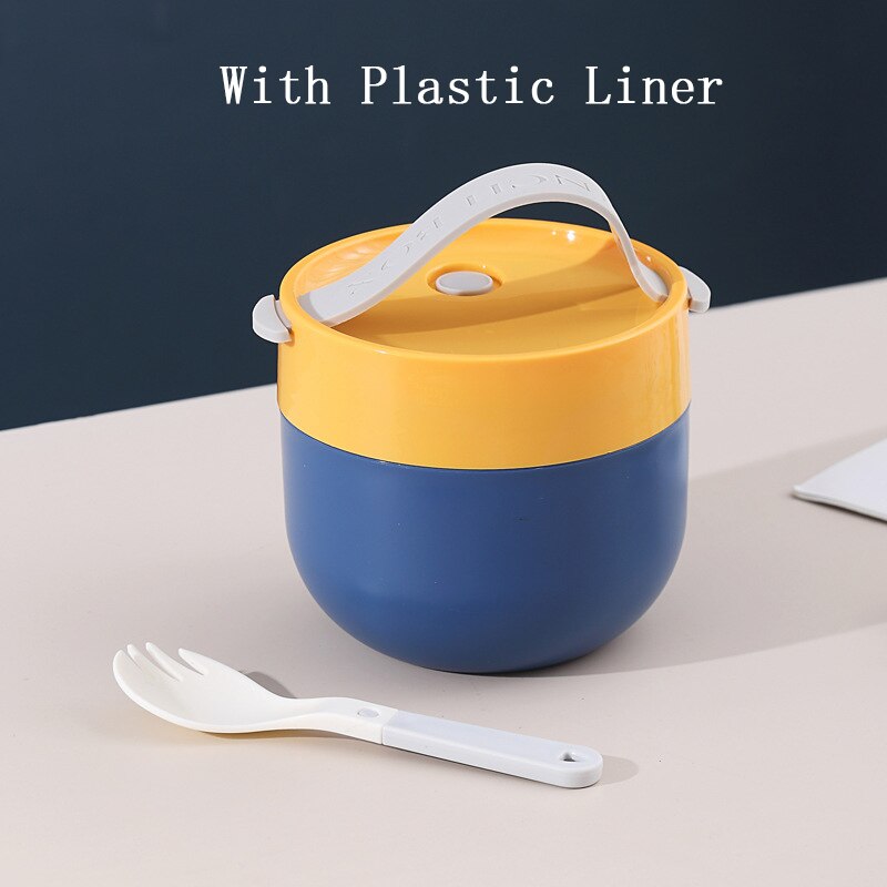 Portable Soup Cup Lunch Box Stainless Steel/Plastic Thermos Mug Food Container Thermal Cup Vacuum Bento Box With Spoon For Kids: A-Yellow Blue