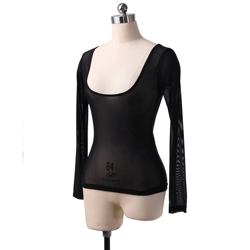Dames lange mouw doorzichtige mesh pure crop top blouse shirt pull-on bodycon tee danser basiskleding sexy transparant naakt rood: Rood