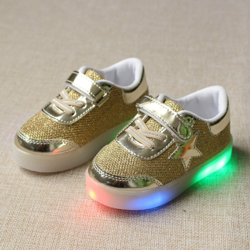Rozmiar 21-30 świecące trampki dla dziewczynek dzieci buty z lampkami Led chłopcy świecące obuwie dziecięce trampki ze świecącą podeszwą: Złota / 21