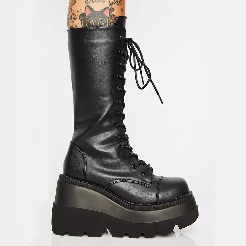 Zapatos de plataforma zapatos botas zapatos de mujer PU botas de montar de piel calzado con cremallera para damas Botas Largas otoño negro mujeres botas Zapatos Gothic