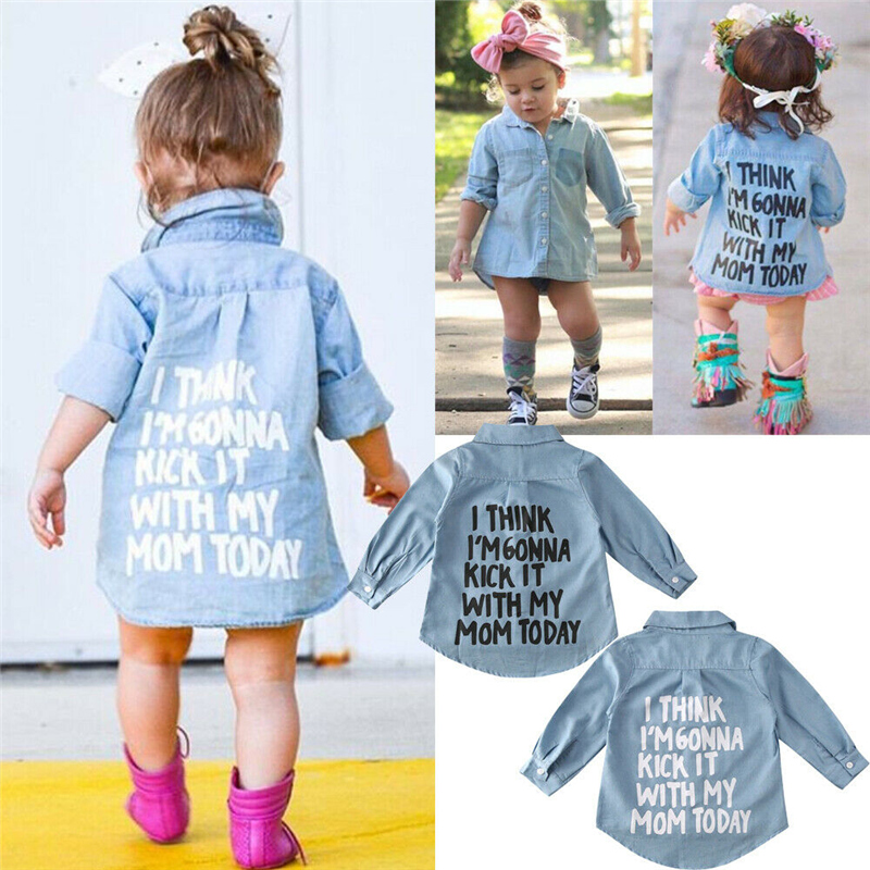 Herfst Peuter Kids Baby Meisje Jongen Shirts Tops Kleding Denim Brief Print Lange Mouwen Button Tops Blauw Warme Jas Shirt lente