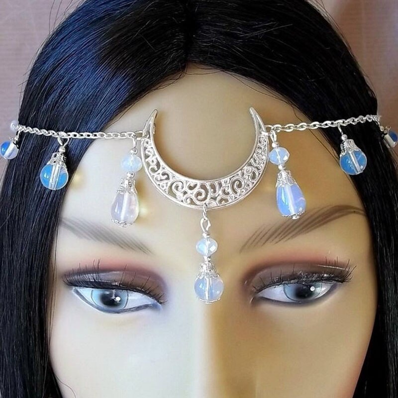 WiccMoon Circlet, Pagan Headdress Wiccan Head Chain Moon &amp; Triskele Headpiece Gothic Head Chain