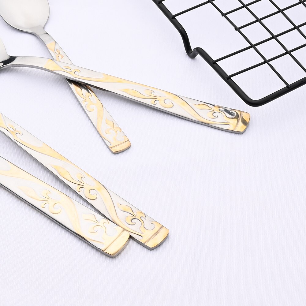 Vajilla de acero inoxidable dorada clásica, juego de cubiertos, cucharas occidentales, cuchillos, tenedores, Kit de cocina