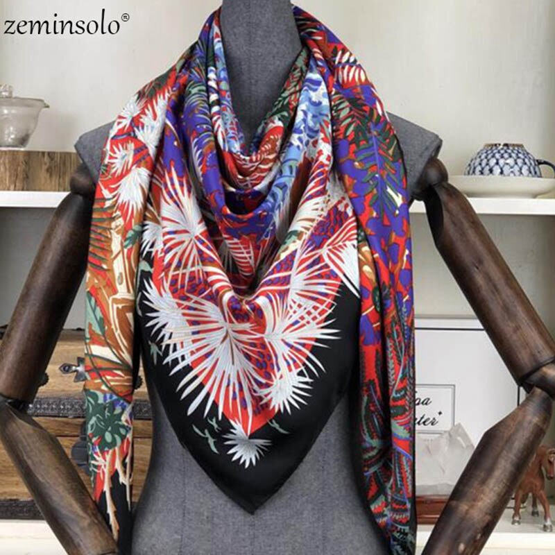 100% Twill Silk Square Scarf Women Scarves Shawls Floral Print Neckerchief 130*130cm Bandana Satin Female Foulard Scarf: Black