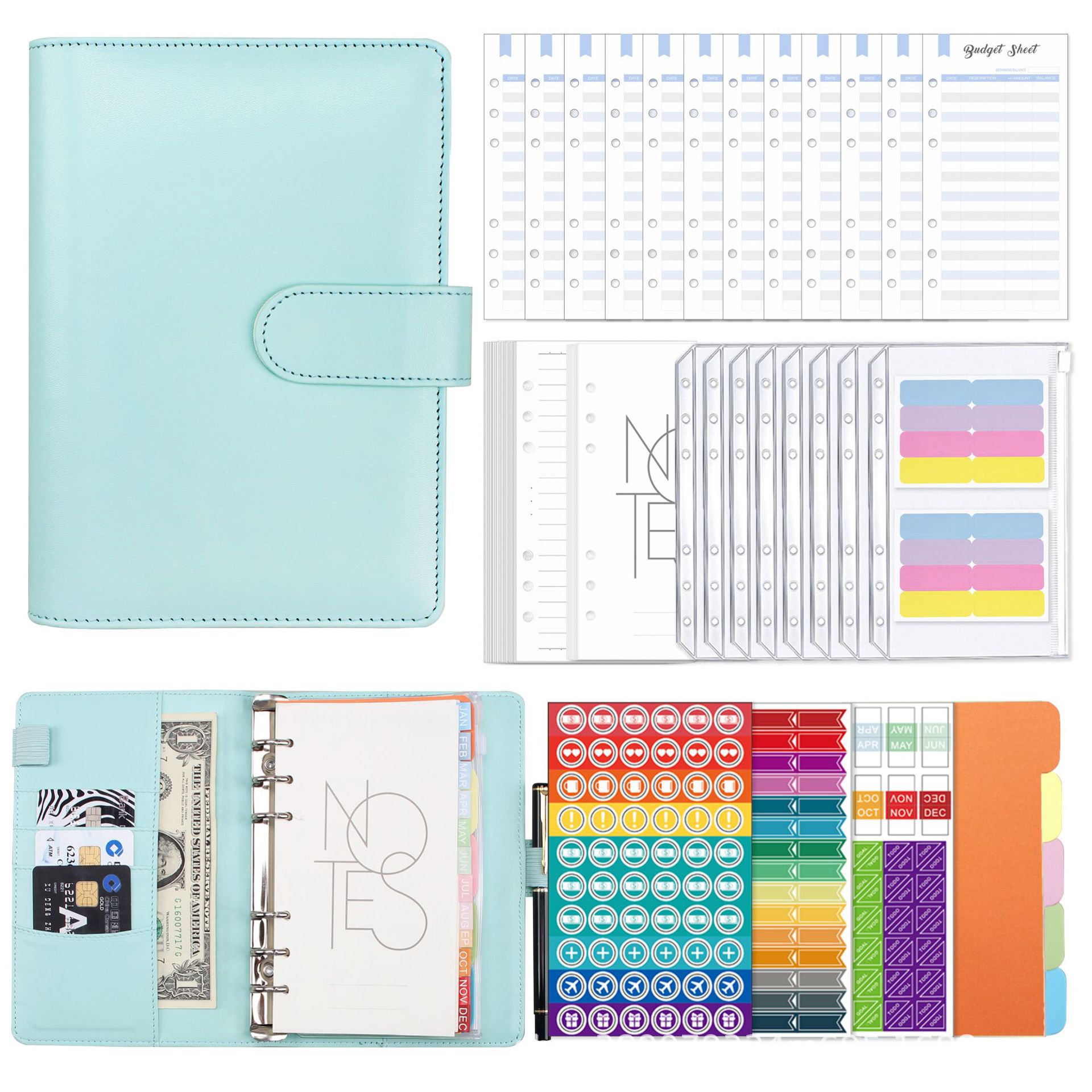 2022 A6 PU Leather Notebook Binder Budget Planner Organizer 6 Ring Binder Cover 12 Binder Pockets Agenda Planner Cover: Blue-A6