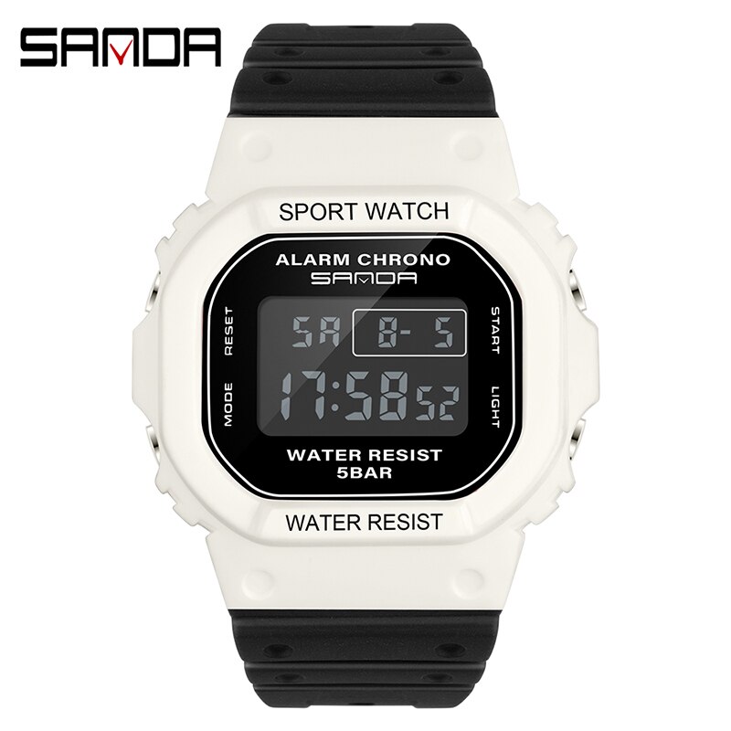 Relógio de pulso eletrônico sanda 2019, relógio de esporte feminino multifuncional de silicone, impermeável, relógios de pulso para estudantes: White black