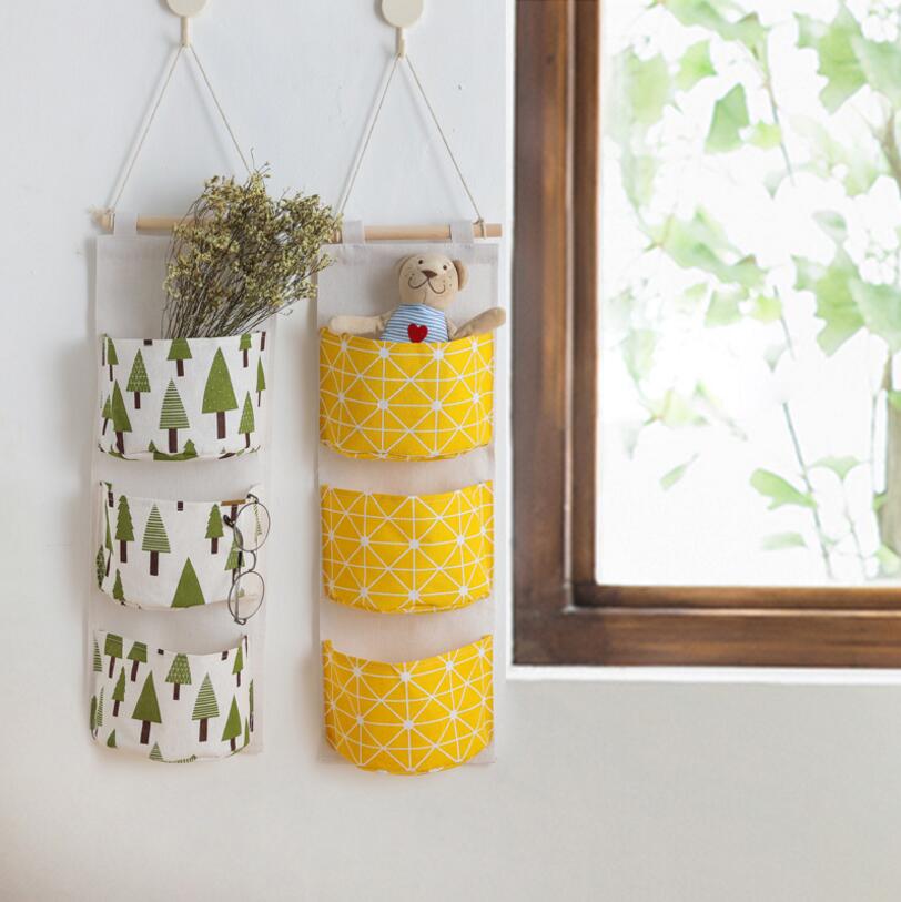 Organizador de pared de lino y algodón con 3 bolsillos, bolsas de almacenamiento, bolsa para la puerta del dormitorio, bolsillo de almacenamiento para el hogar, bolsa colgante de decoración
