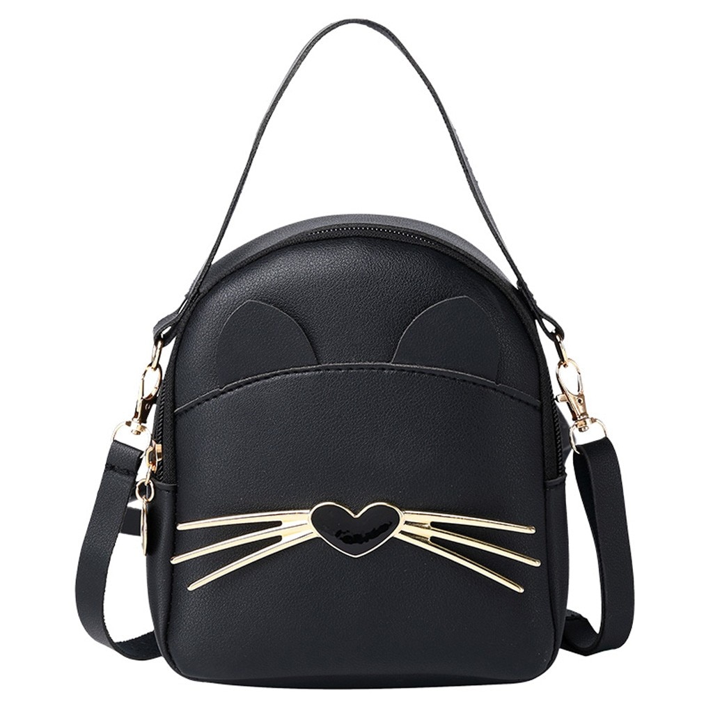 Solid Leather Cat Beard Backpack Shoulder Bag Teenage Girls Mini Female School Bagpack Purse Cute Cat Small Women Backpack: Black