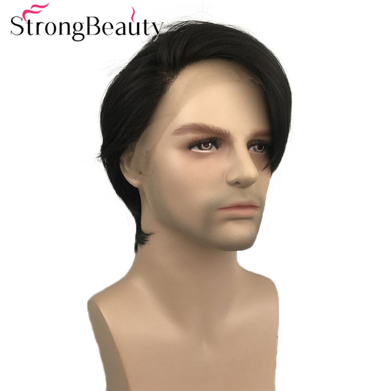 StrongBeauty Synthetische Lace Front Pruik Mannen Haar Korte Rechte Pruiken Natuurlijke Zwart Haar