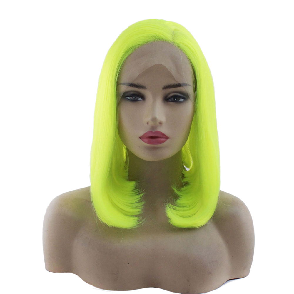 Similler groene fluorescerende roze bob synthetische kant voorpruiken kort haar steil voor vrouwen zwart klassiek middendeel: Groente