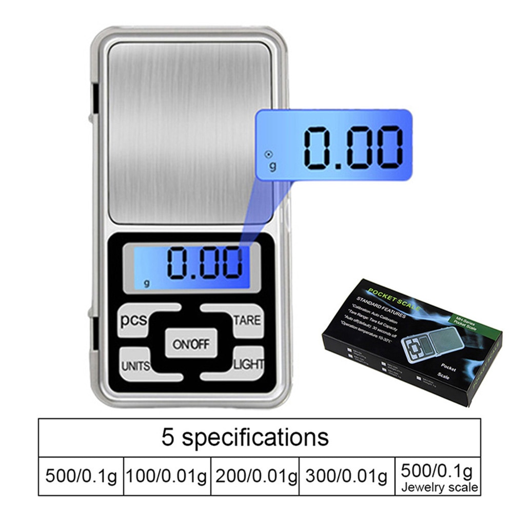 Digitaalinen vaaka 100/200/300/500g 0.01/0.1g erittäin tarkka taustavalaistu sähkötasku korulle grammapaino keittiöön