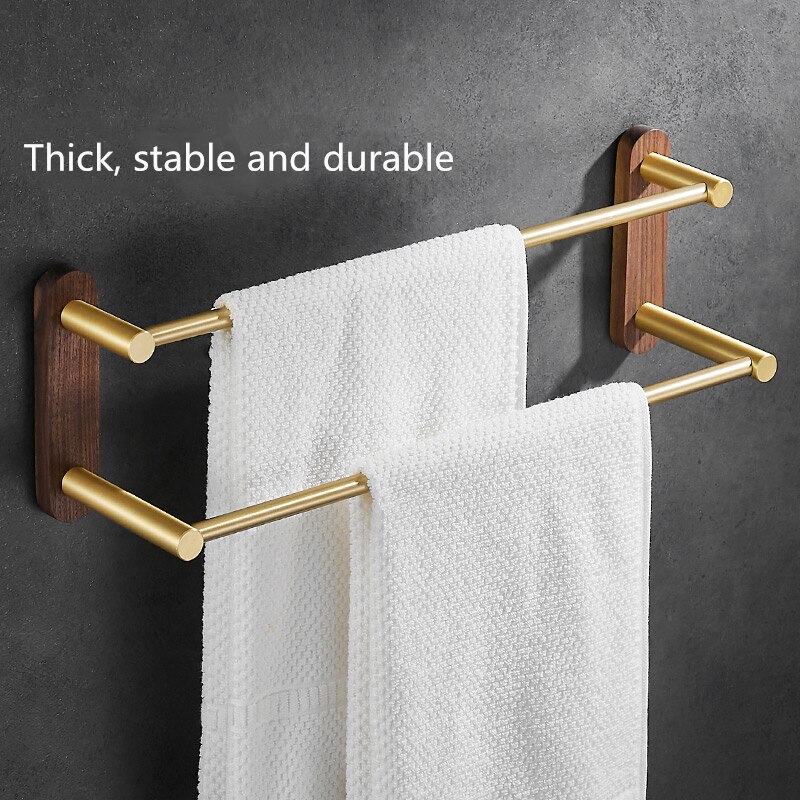 Nordic Walnut Bathroom Towel Rack Solid Wood Shower Shelf Brushed Gold Towel Bar 38/48/58cm Bathroom Triple Towel Holder